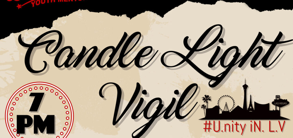 Community 7 Candlelight Vigil event flyer with 7 PM time and Las Vegas skyline promoting #Unity in Las Vegas