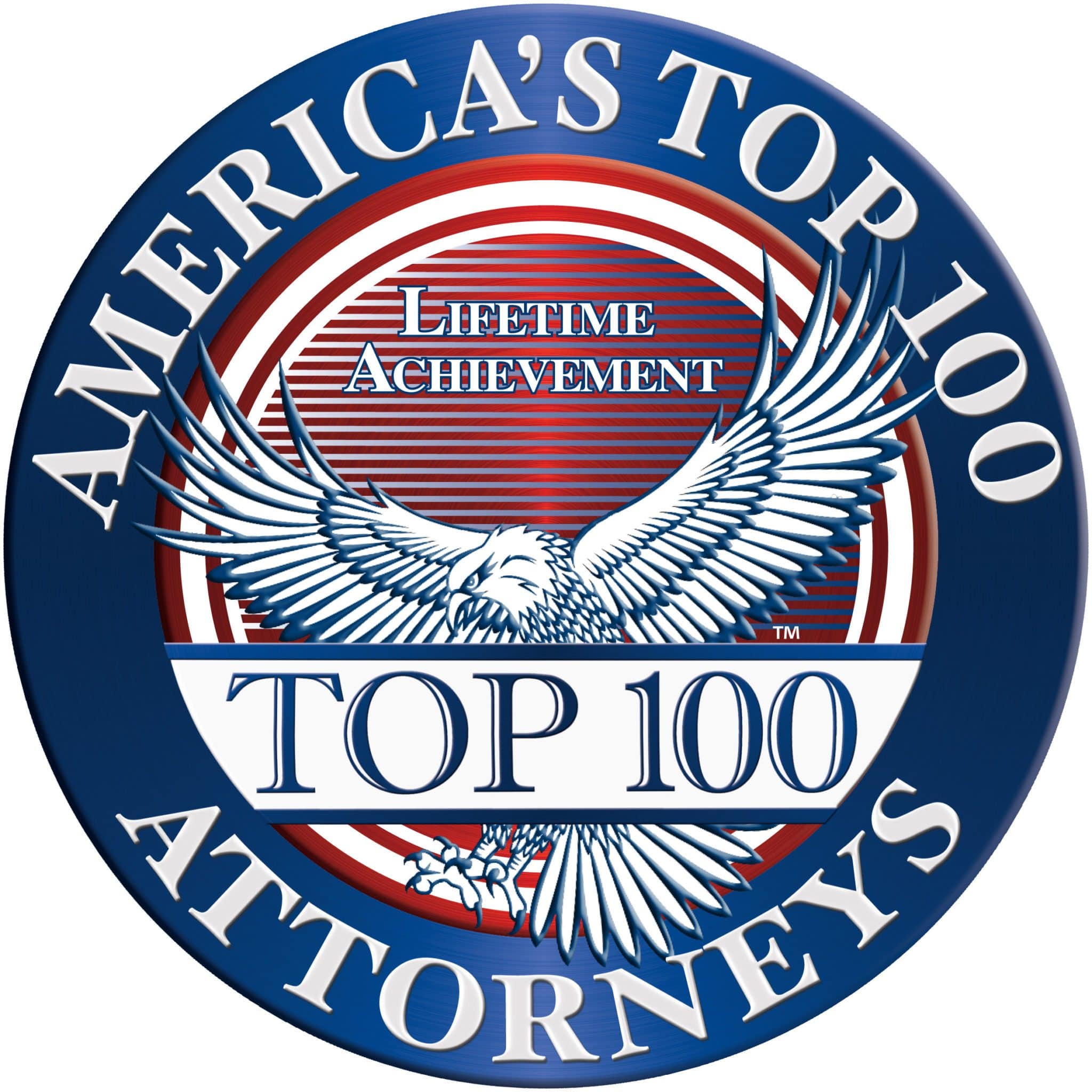 Image of an emblem for "America's Top 100 Attorneys" for lifetime achievement, representing a Las Vegas personal injury law firm, featuring an eagle design.