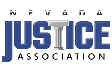 Logo of Nevada Justice Association representing personal injury law in Las Vegas, featuring a classical column integrated into the word "JUSTICE".