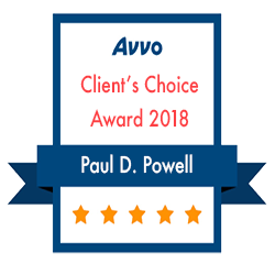 Image of the Avvo Client's Choice Award 2018 for Paul D. Powell, a personal injury lawyer in Las Vegas, emphasizing client satisfaction and positive ratings.