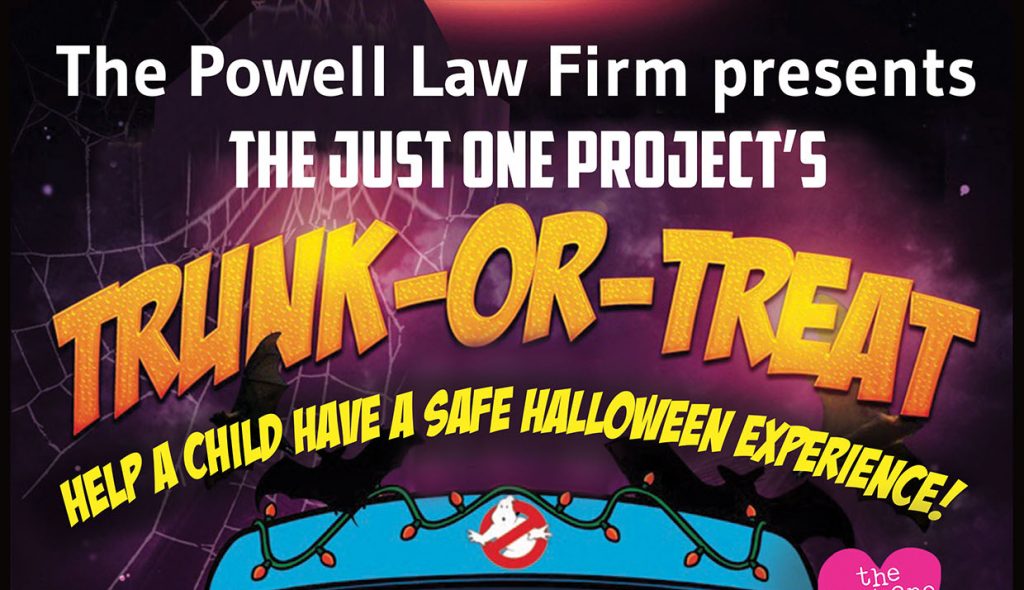 Flyer for The Powell Law Firm's Trunk-or-Treat event in Las Vegas, promoting a safe Halloween experience, sponsored by The Just One Project, featuring a spooky theme with bats and a Ghostbusters logo.