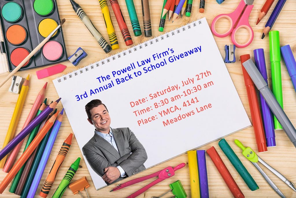 Community 5 Image of a Law Firm's Back to School Giveaway announcement surrounded by school supplies like crayons, markers, paint, and pencils.