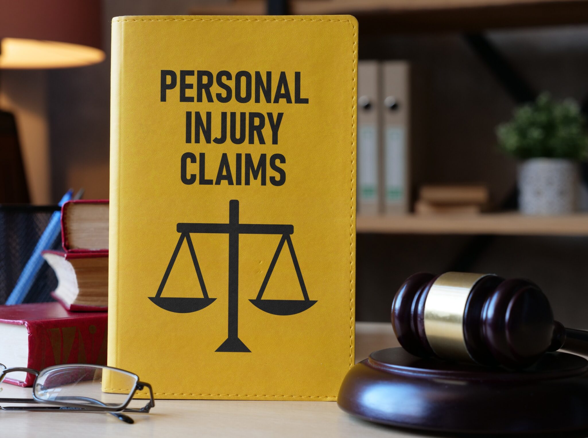 Close-up of a yellow "Personal Injury Claims" book with scales of justice, a gavel, books, and glasses, suggesting legal representation for personal injury cases in Las Vegas.