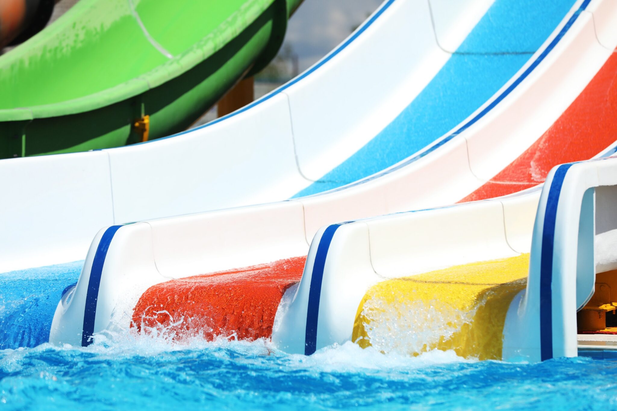 Close-up of colorful water slides at a water park in Las Vegas, used to represent potential personal injury risks and the need for legal assistance after an accident.