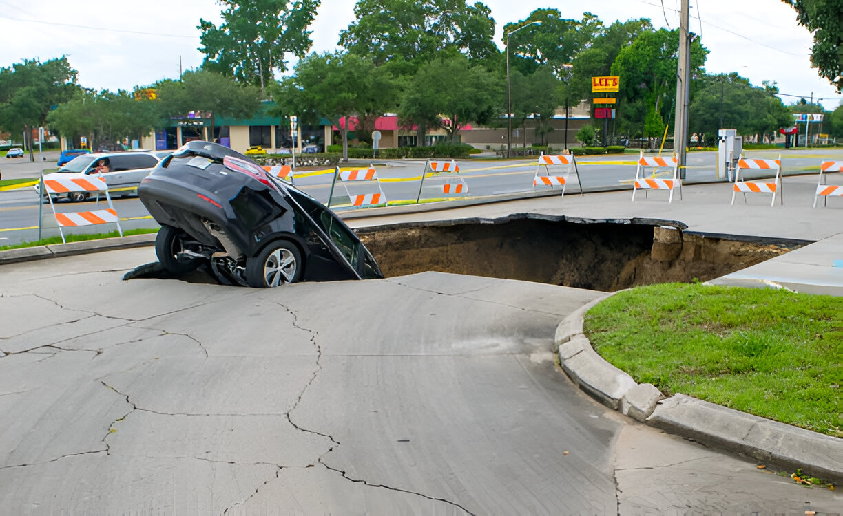 A black car has fallen into a large sinkhole in a roadway, surrounded by warning barriers, illustrating a potential personal injury case due to negligence and unsafe road conditions.