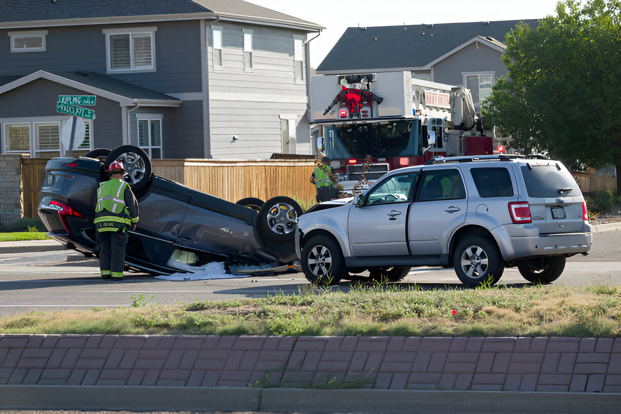 Scene of a car accident with an overturned vehicle being attended to by emergency personnel and a fire truck, emphasizing potential personal injury and legal recourse in Las Vegas.