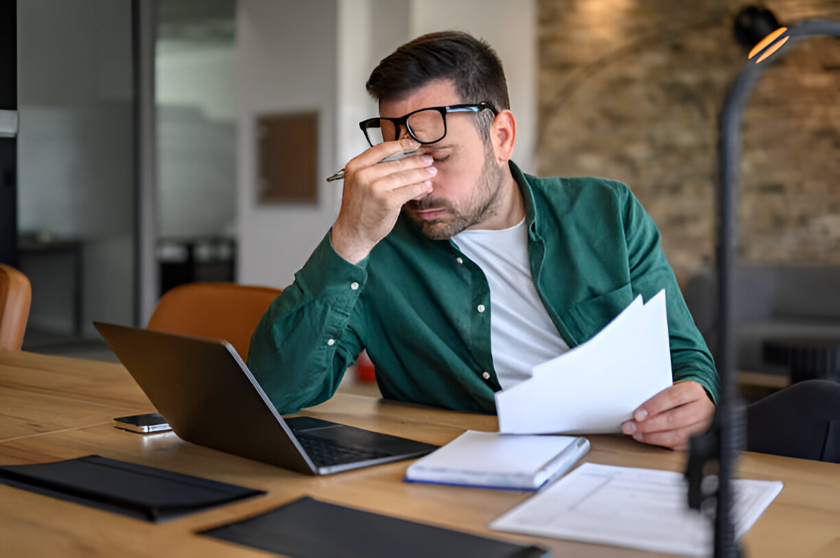 Man with a headache holding documents while sitting at a desk with a laptop, representing the stress and overwhelm after a personal injury requiring legal assistance from a Las Vegas law firm.