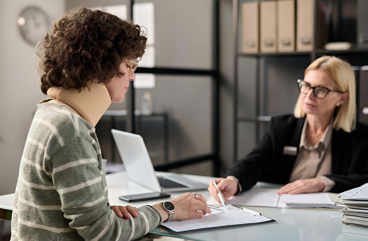 A person with a neck brace meets with a personal injury lawyer in Las Vegas to discuss their case and sign documents related to a claim.
