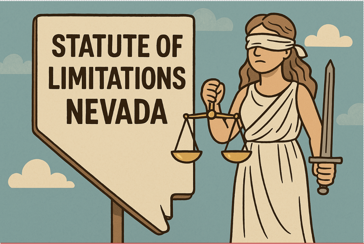 Cartoon image featuring Lady Justice, holding scales and a sword, next to a Nevada-shaped sign that reads "Statute of Limitations Nevada", for a personal injury law firm in Las Vegas.