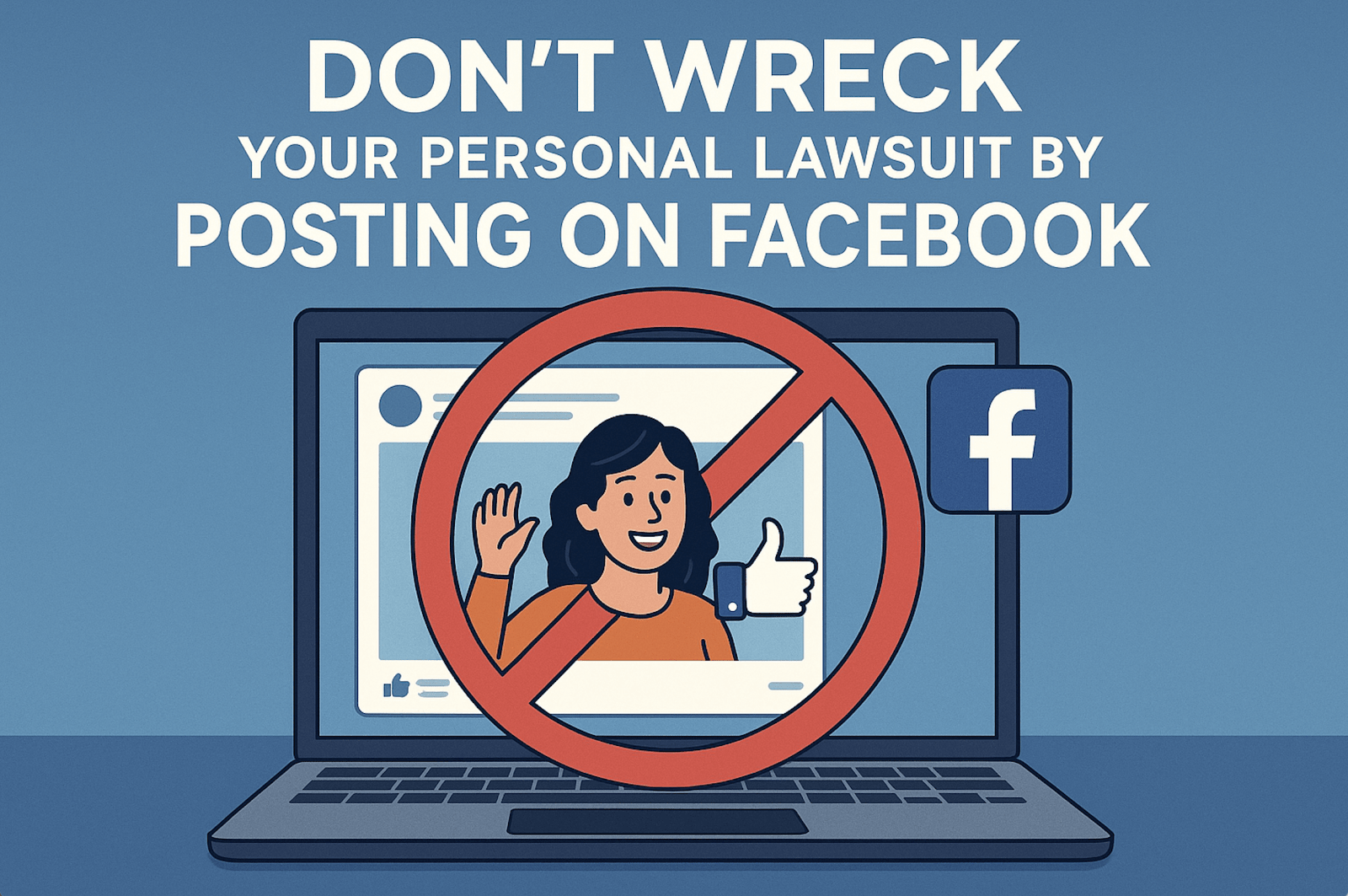 Cartoon illustration of a laptop with a Facebook post crossed out with a red circle, warning about the risks of posting on social media during a personal injury lawsuit in Las Vegas.