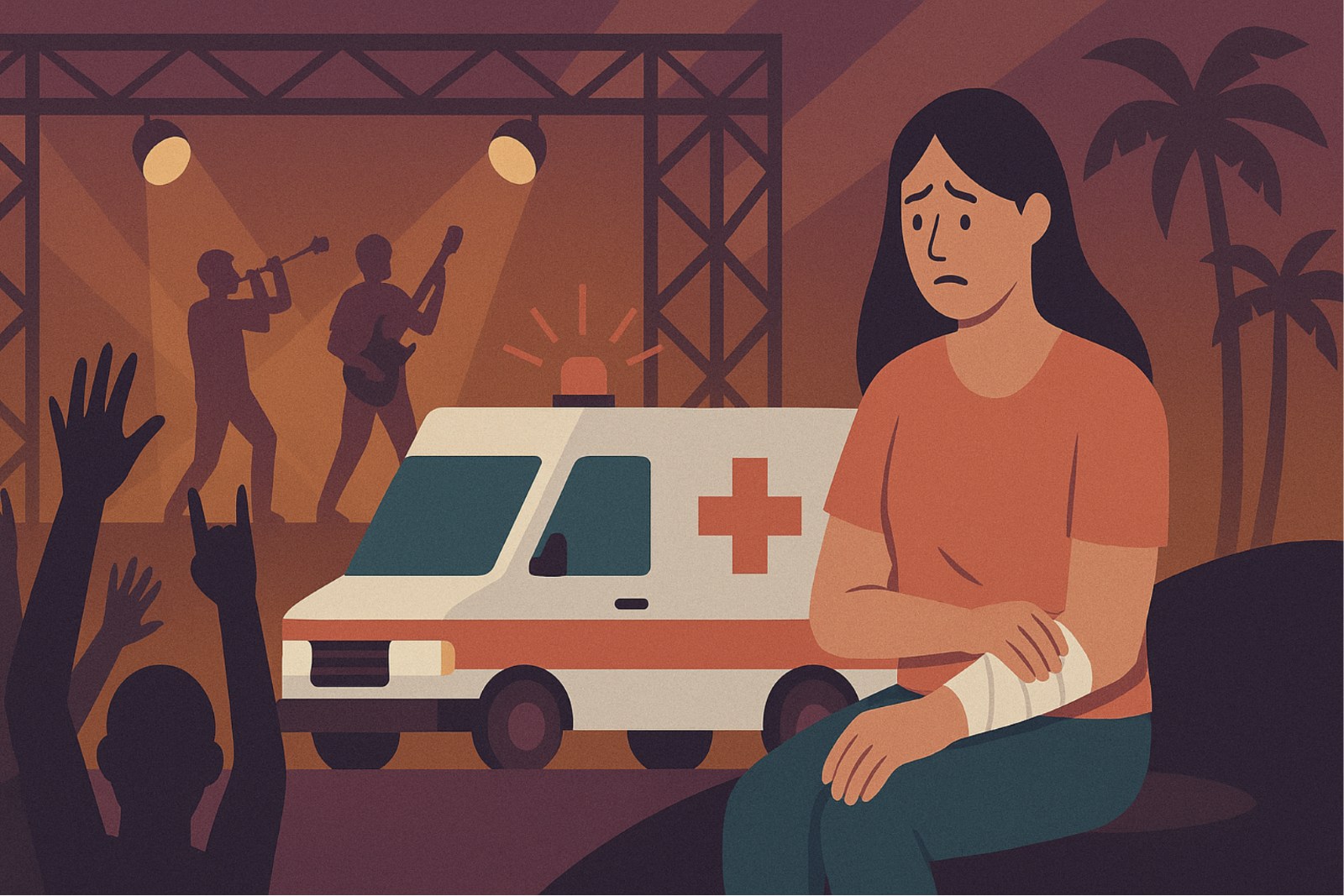 Woman with an injured arm sitting in front of an ambulance at a concert.