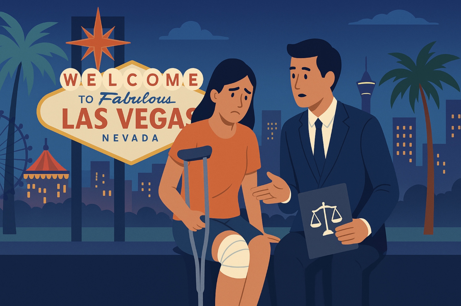 Injured Woman Consulting Attorney in front of a Las Vegas sign