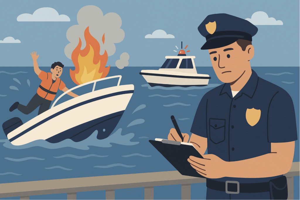 Police man taking notes as man in the background is stranded on a boat on fire.